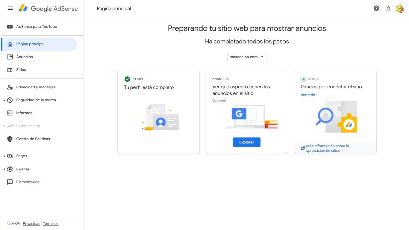 Panel de AdSense preparando el sitio para mostrar anuncios