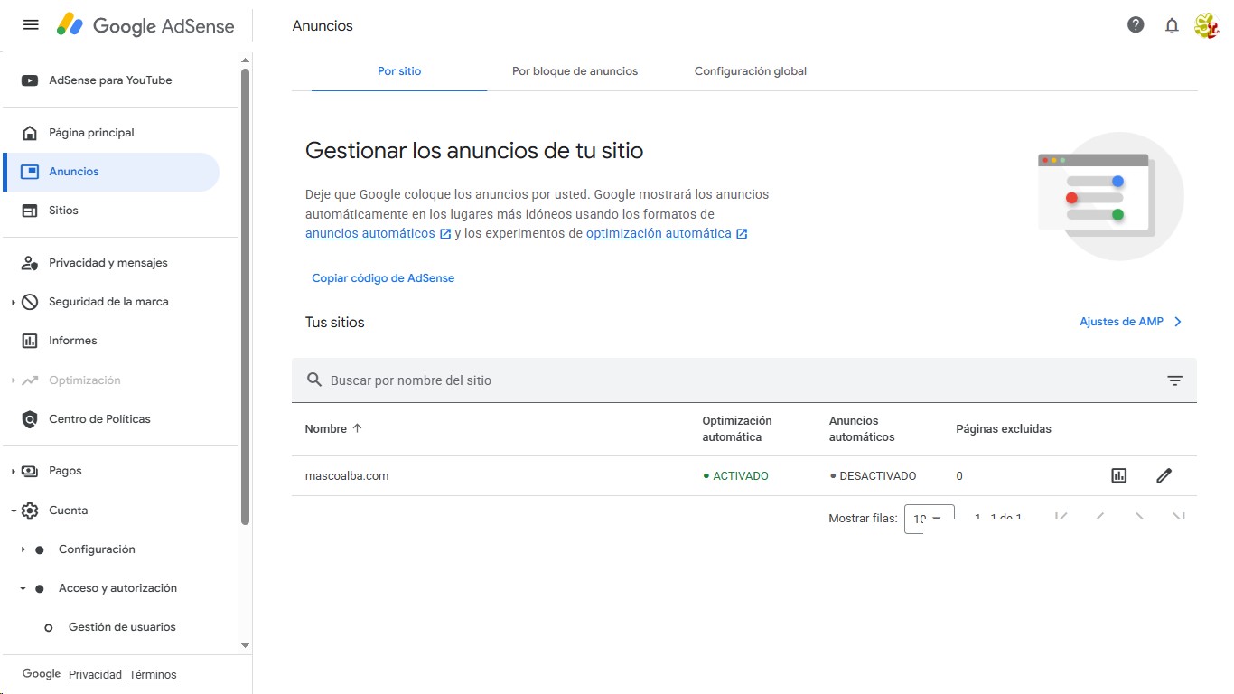 Configuración de anuncios de Mascoalba en AdSense