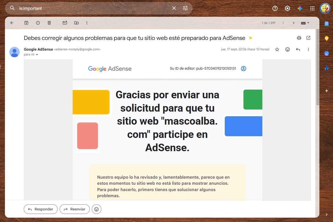 Correo real de AdSense indicando que Mascoalba no está listo para mostrar anuncios
