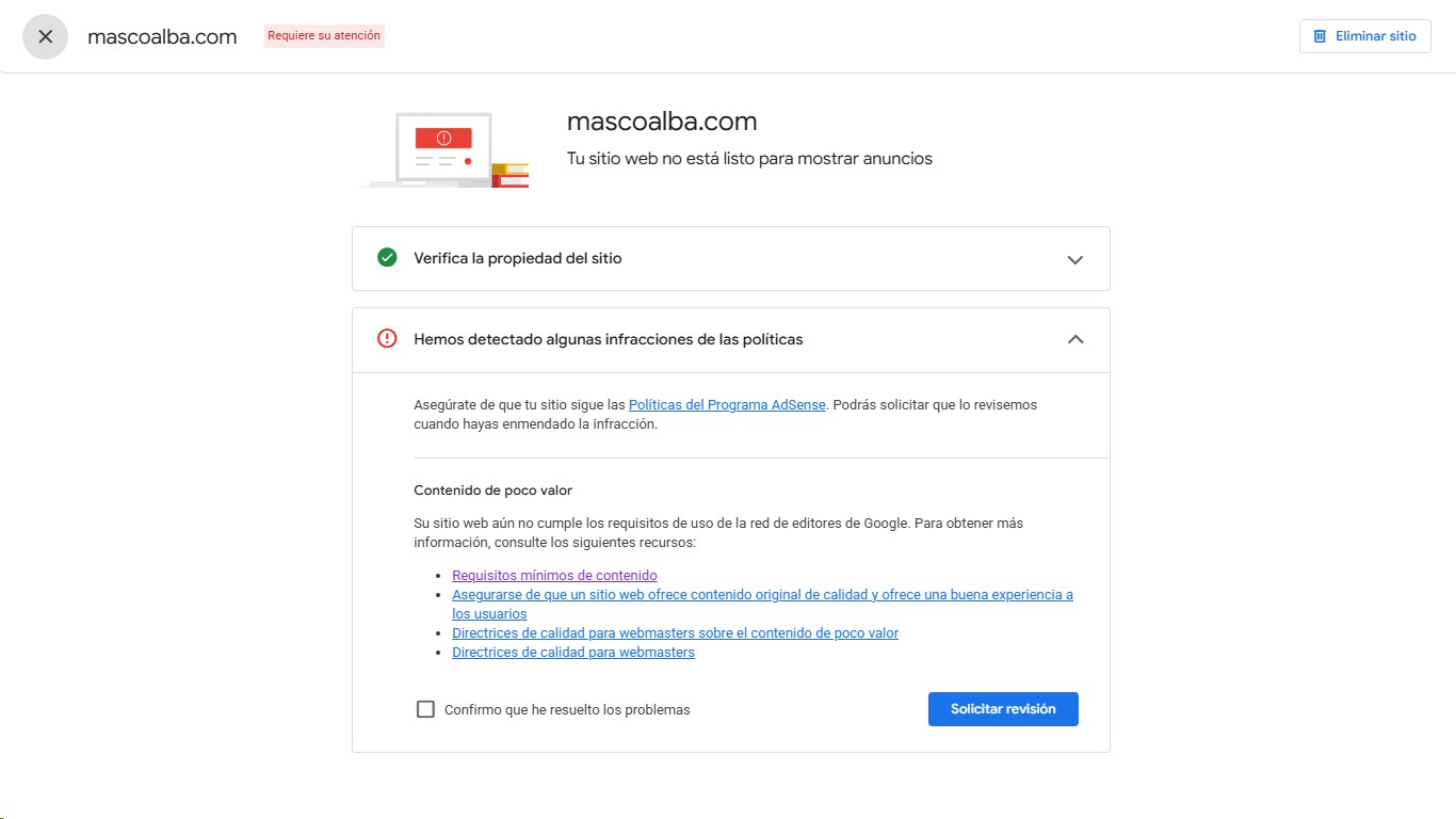 Detalle de AdSense con la incidencia Contenido de poco valor