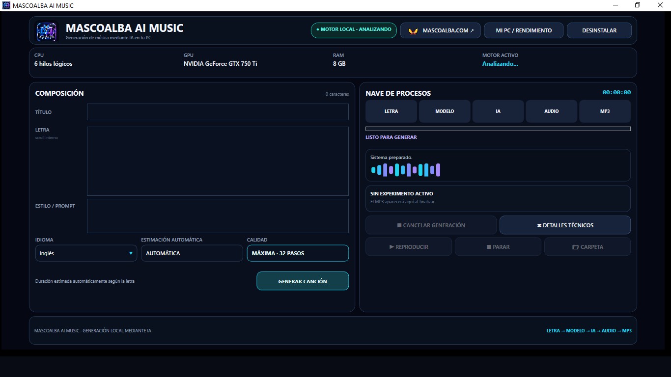 Interfaz principal de MASCOALBA AI MUSIC con composición, idioma, calidad y nave de procesos