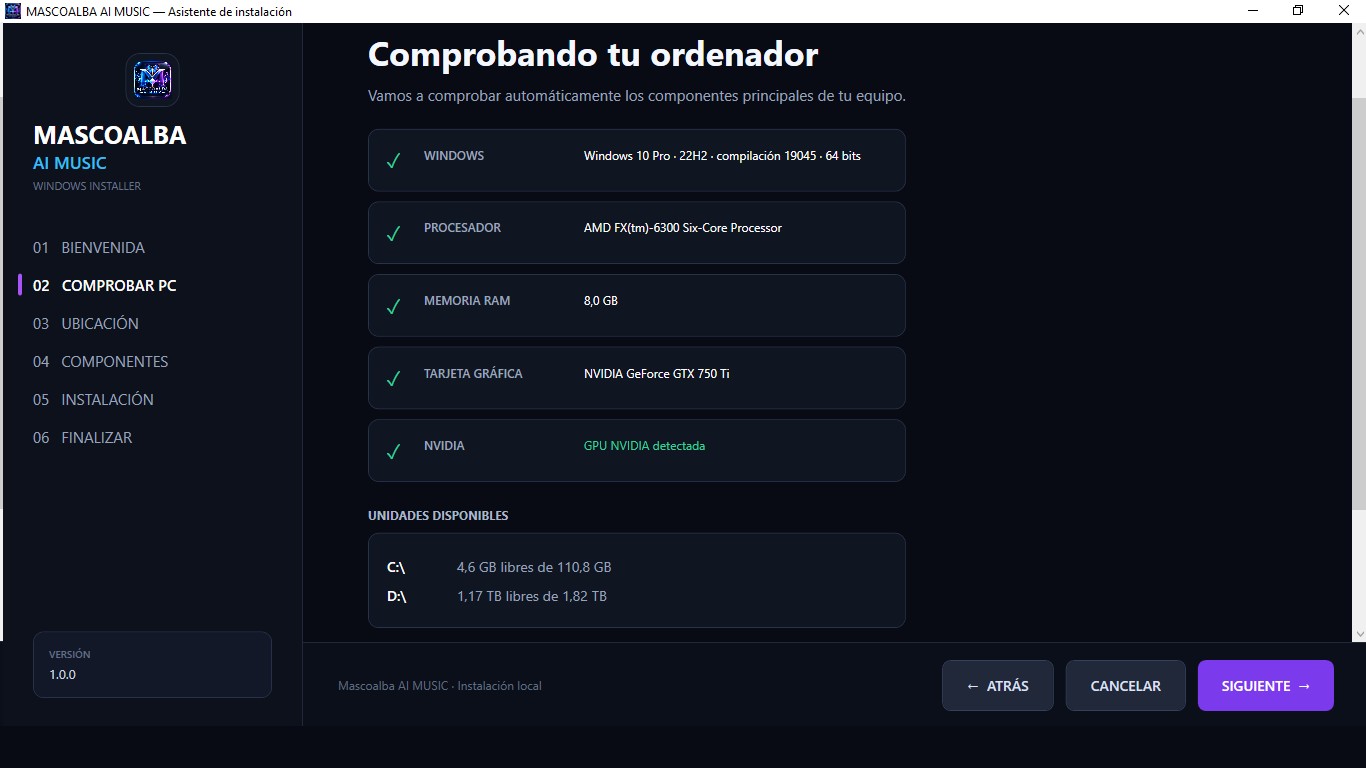 Pantalla del instalador comprobando Windows, procesador, RAM, GPU y unidades disponibles