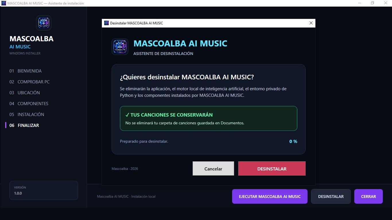 Pantalla final de MASCOALBA AI MUSIC mostrando la opción de desinstalar
