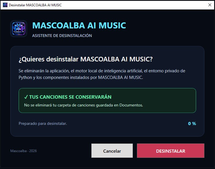 Ventana del asistente de desinstalación de MASCOALBA AI MUSIC