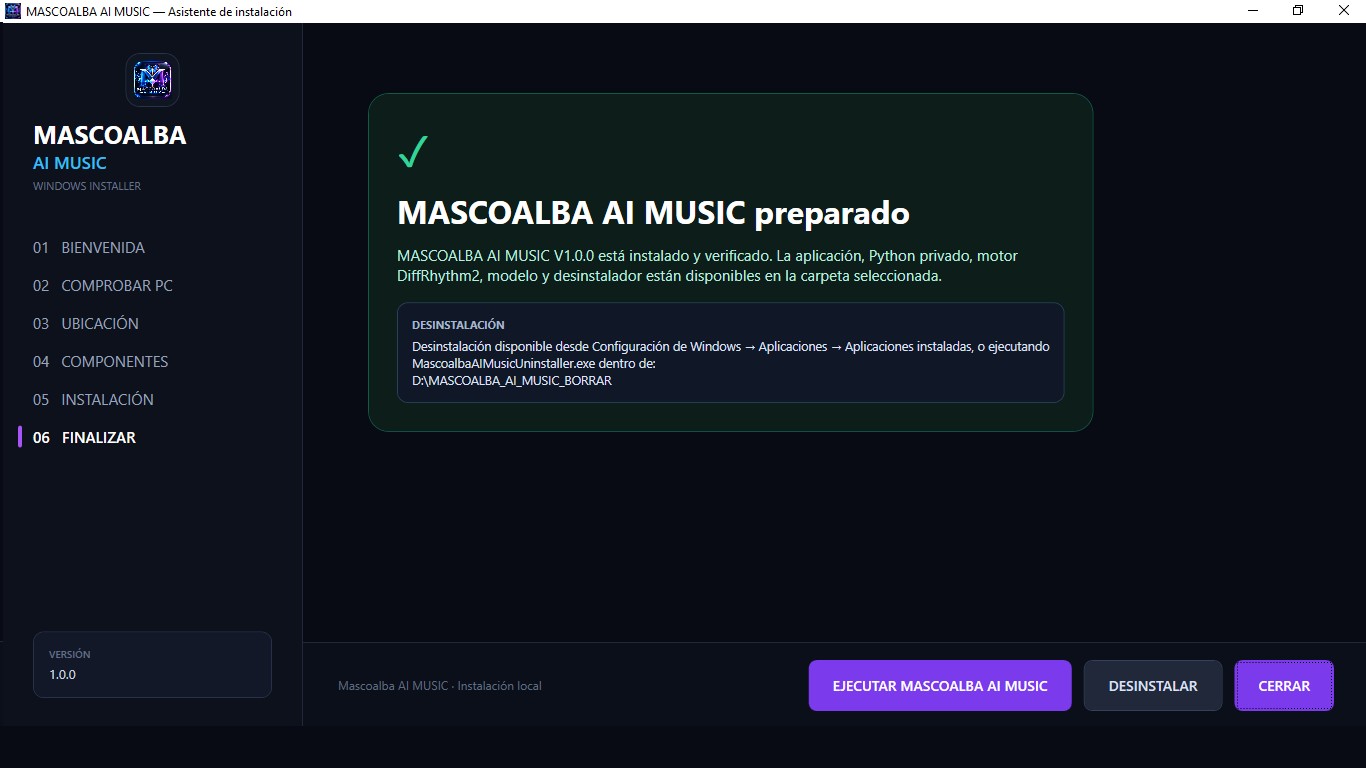 Pantalla final del instalador indicando que MASCOALBA AI MUSIC ha quedado preparado