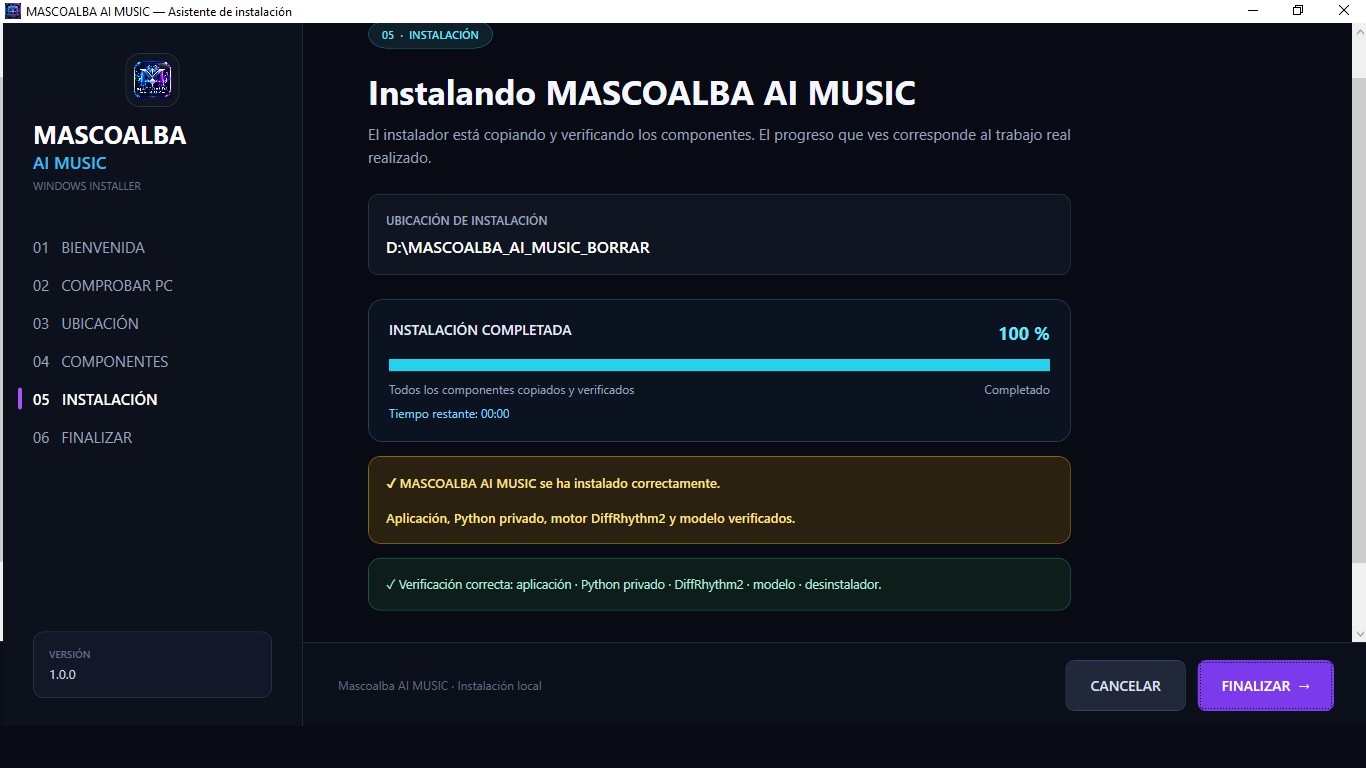 Pantalla mostrando la instalación completada al 100 por cien