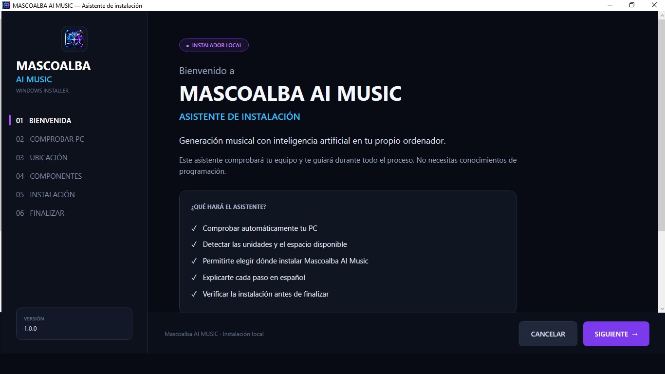 Pantalla de bienvenida del asistente de instalación de MASCOALBA AI MUSIC