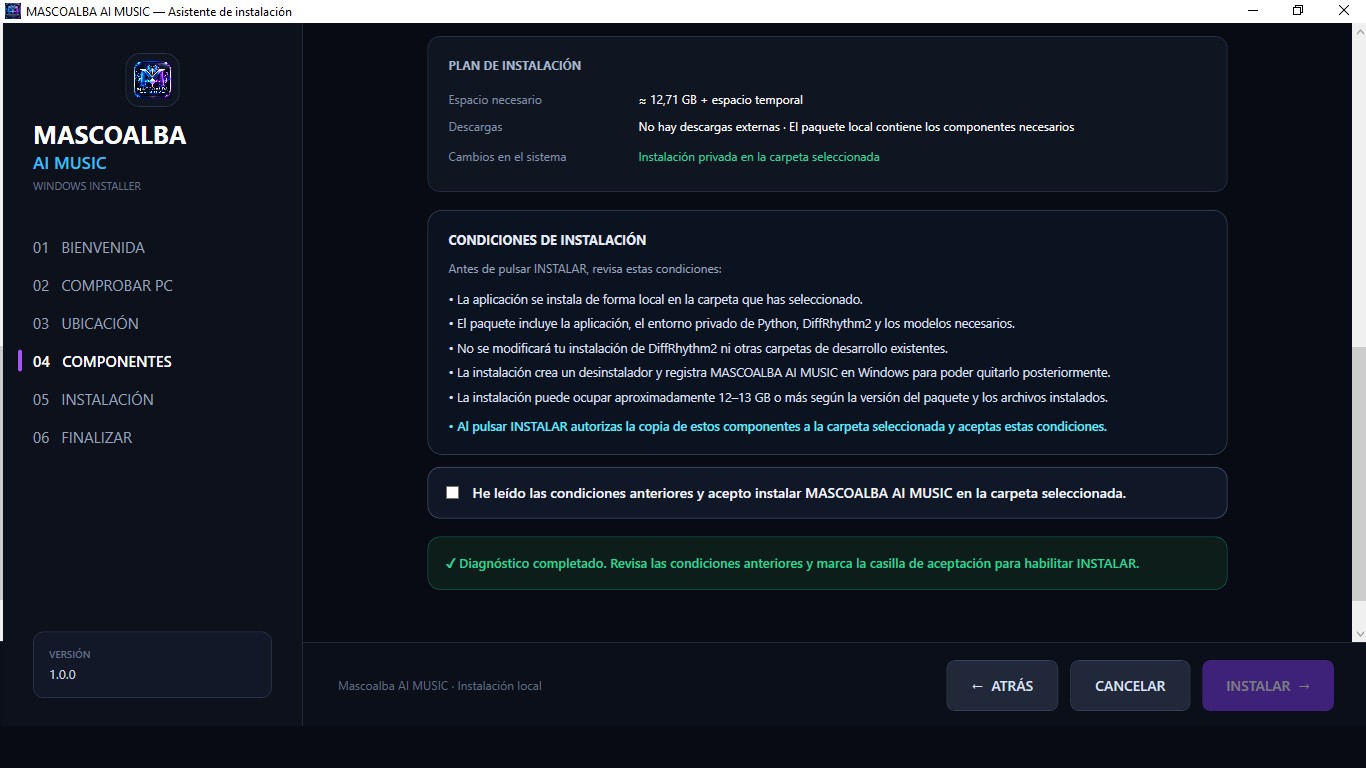 Pantalla del instalador con el plan y las condiciones de instalación