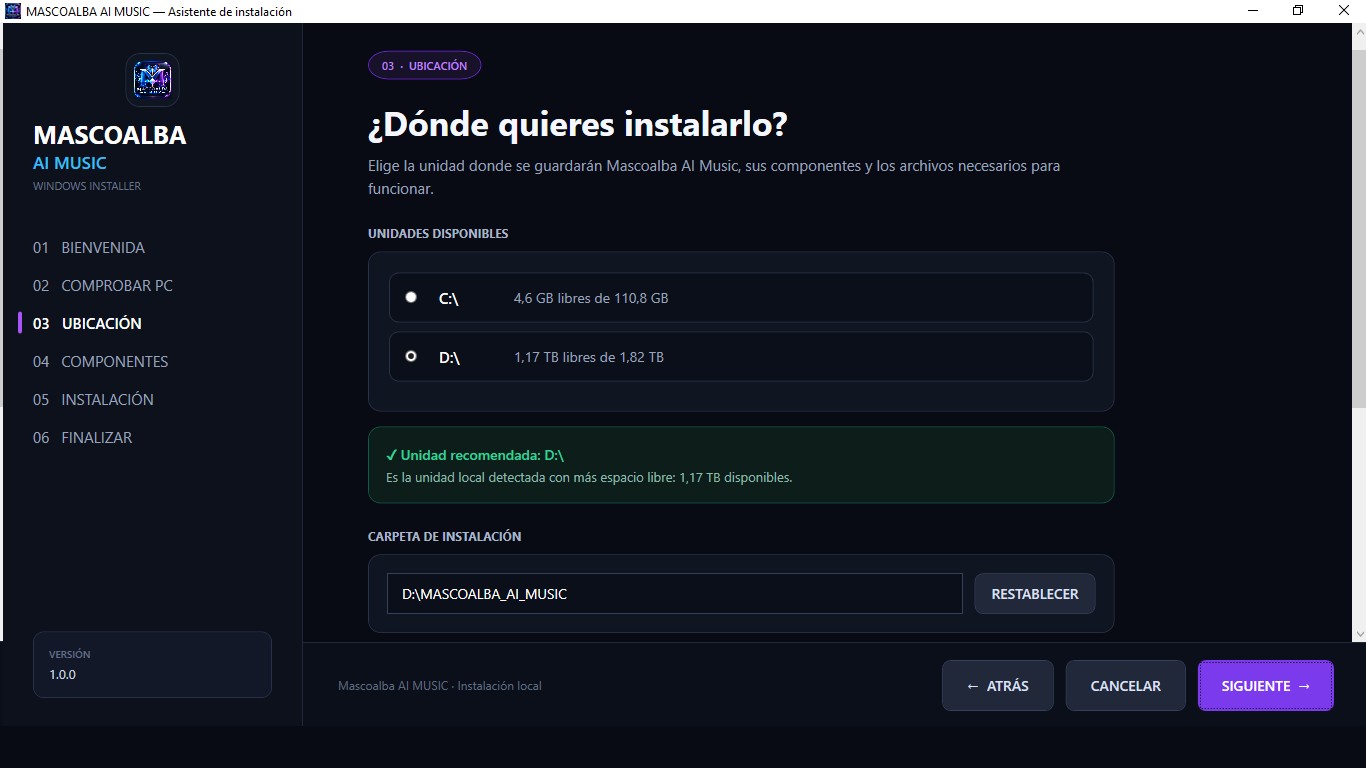 Pantalla del instalador para elegir la unidad y la carpeta de instalación
