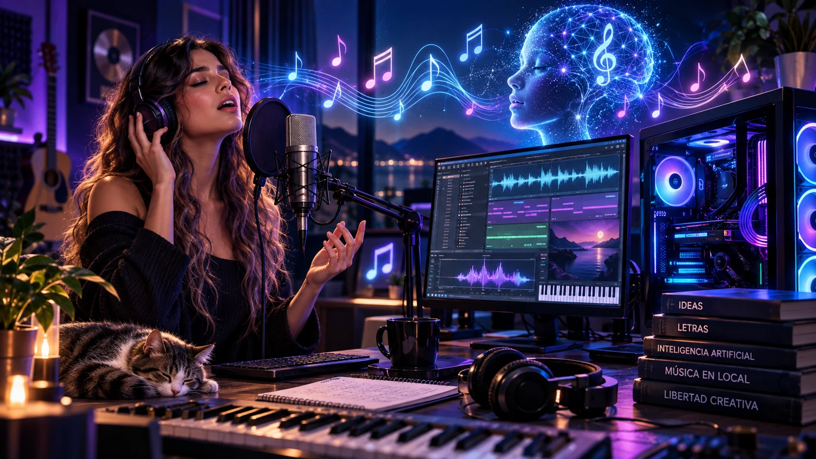 Cantante y ordenador generando una canción con inteligencia artificial en local