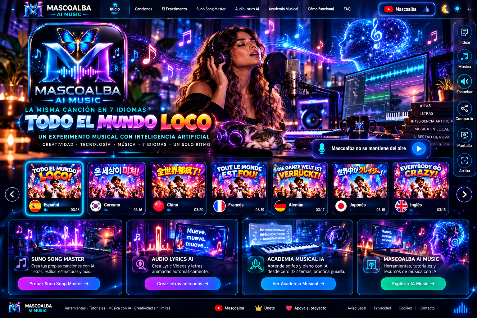Diseño futurista Mascoalba AI Music con canciones, herramientas y estudio musical